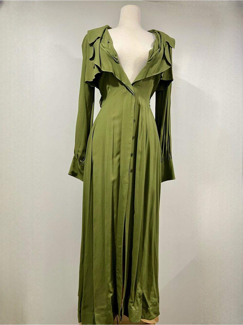 Jacquemus Olive Green Long Sleeve Maxi Dress with Ruffle Collar